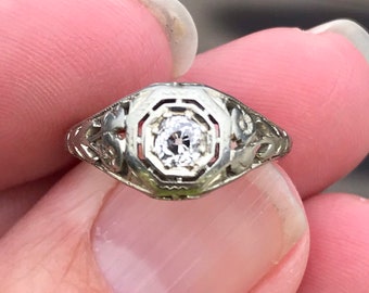 Art Deco Antique 18KT white gold Old European Cut Diamond  Filigree Ring  Engagement Ring