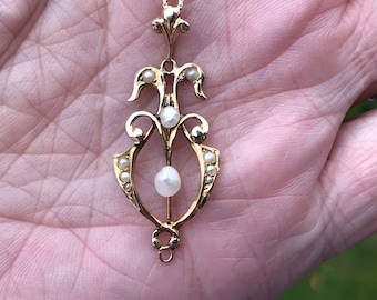 Edwardian Pearl Lavalier Drop pearl and seed pearl  pendent set in 14KT