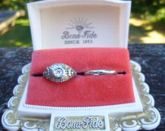 Filigree Engagement Ring  AMAZING 1920s 18kt white gold  engagement ring and eternity band in the original box engagement ring SI2 H color