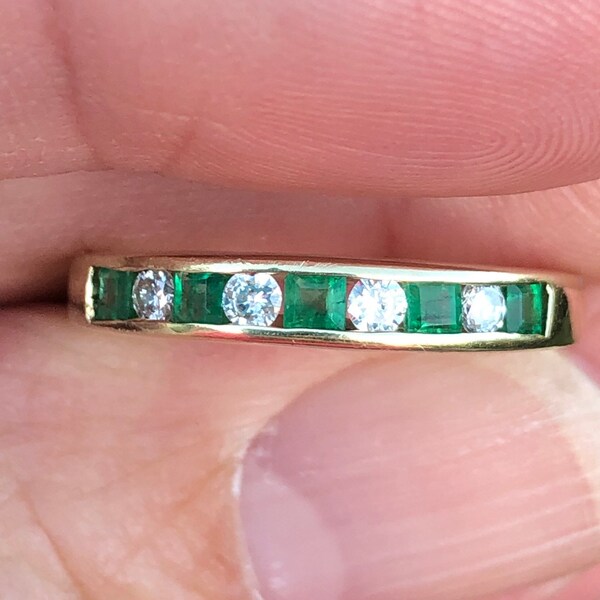 Emerald and diamond band Yellow gold  14kt  diamond anniversary band 42 points total weight Stacker band wedding band