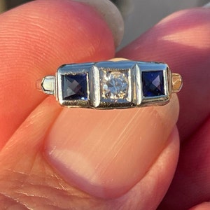 Art Deco Vintage Deco Diamonds and sapphires Platinum Engagement Ring Wedding Band Stacker band