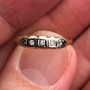 1920s 14kt yellow and white  gold  with three diamonds Ring--Wedding band  size 5