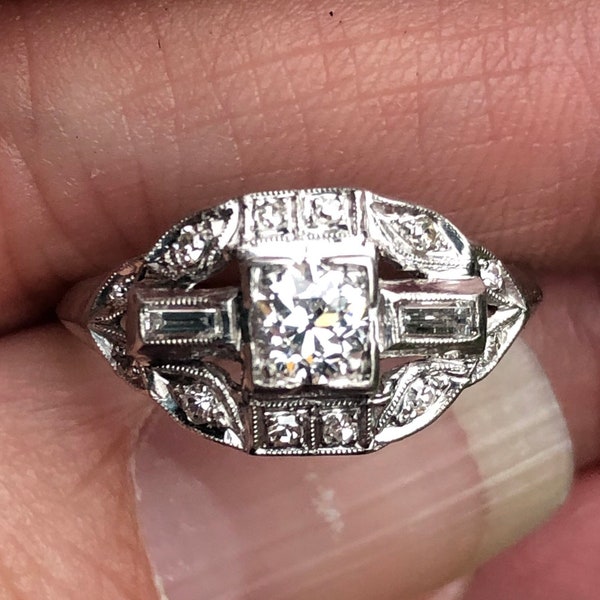 European cut diamond Engagement Ring BAGUETTE Diamonds  Platinum Wedding Ring 60 points total weight with a 36 point diamond
