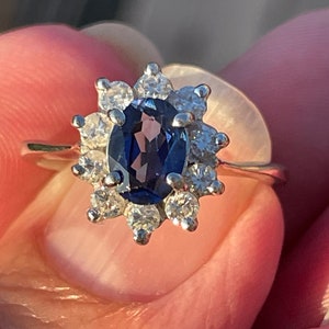 Diamond and Sapphires in 14kt white  gold  Engagement Ring  Right hand ring flower design  Princess Di style