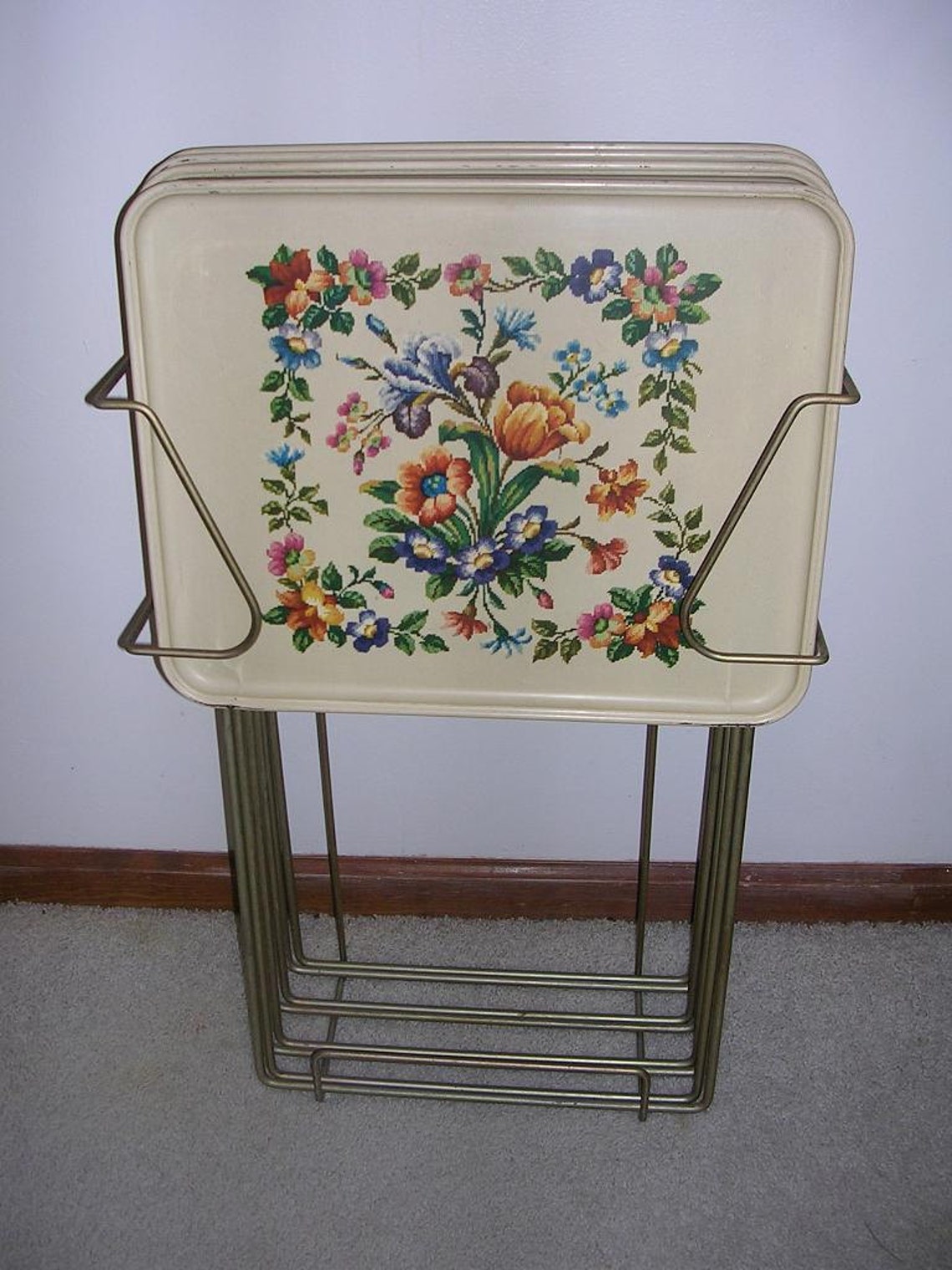Vintage Durham Metal TV Trays W/Stand Floral Design 1950's Etsy