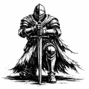 Mittelalterlicher Ritter kniend (SVG/PNG) | Tempelritter | Kreuzritter-Vektorgrafik | Gotischer Ritterkrieger (Schnittdatei, digitaler Download)