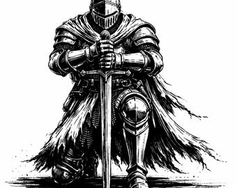 Middeleeuwse ridder knielend SVG PNG | Tempelier | Kruisvaarder | Vectorafbeelding | Gotische ridderlijke krijger snijbestand digitale download