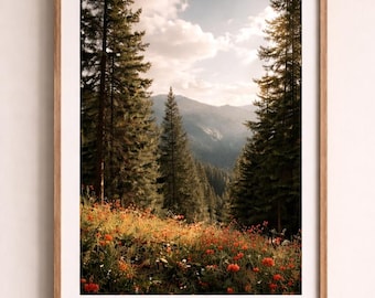 Printbare muurdecoratie met berg- en boslandschap, poster van een bloemenweide, natuurlijke muurdecoratie, muurdecoratie voor een blokhut, digitale download