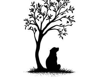 Silhouet van een hond in een boom (SVG) | Minimalistisch natuurtattoo-ontwerp | Cricut-snijbestand | Transparante PNG | Boshond-clipart