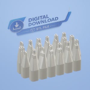 May include: A collection of white, three-dimensional letter stamps arranged in a grid, each featuring a unique character on its top surface. Above the stamps, a blue banner displays the text DIGITAL DOWNLOAD and STL FILE with an icon.
