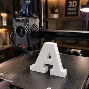 Może przedstawiać: Biała litera A wydrukowana w technologii 3D stoi na czarnym, teksturowanym stole roboczym drukarki 3D Anycubic. Głowica drukująca znajduje się nad płytą roboczą i posiada czarną obudowę z białymi akcentami oraz widoczny wentylator i przewody.