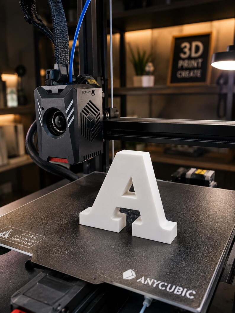Może przedstawiać: Biała litera A wydrukowana w technologii 3D stoi na czarnym, teksturowanym stole roboczym drukarki 3D Anycubic. Głowica drukująca znajduje się nad płytą roboczą i posiada czarną obudowę z białymi akcentami oraz widoczny wentylator i przewody.