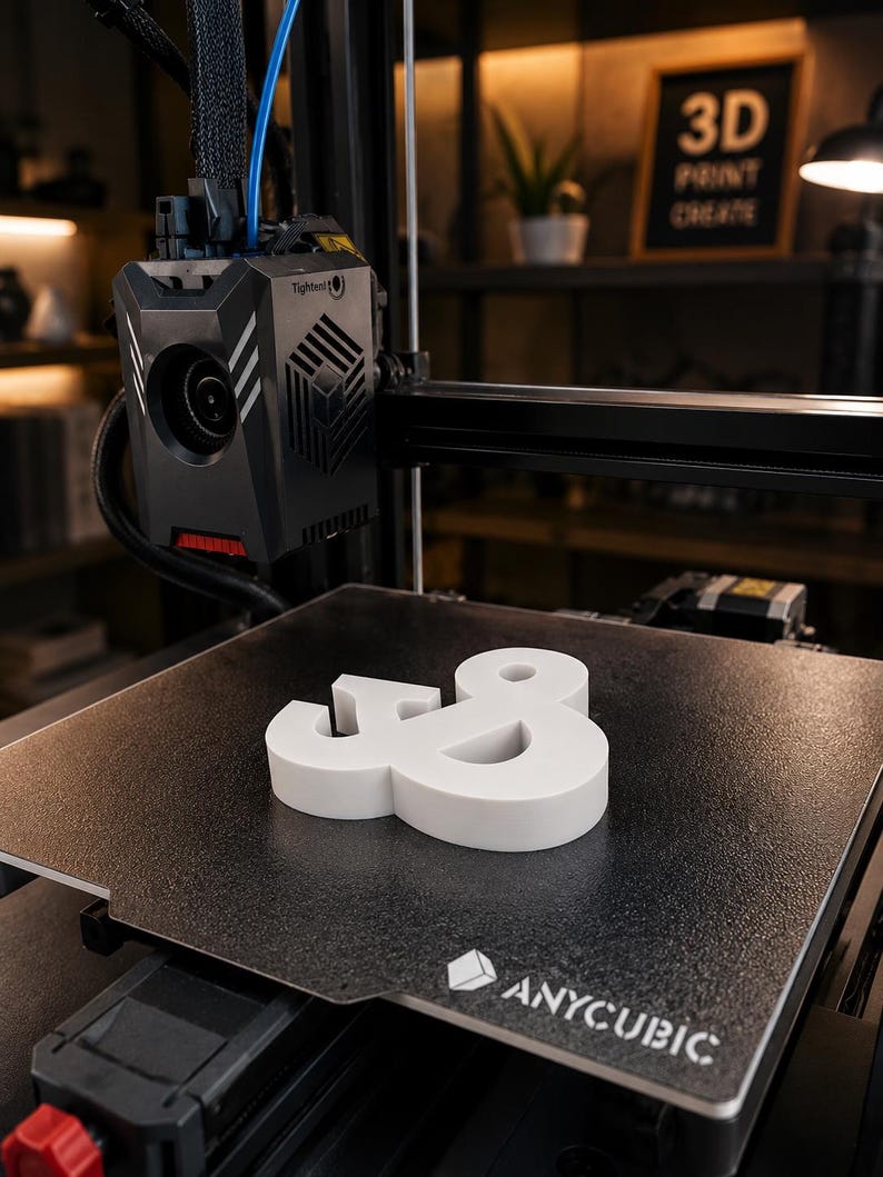 Może przedstawiać: Biały symbol ampersand wydrukowany w technologii 3D, spoczywający na teksturowanym czarnym stole roboczym drukarki 3D Anycubic. Głowica drukująca znajduje się nad płytą roboczą, kt&oacute;ra w prawym dolnym rogu posiada białe logo Anycubic.