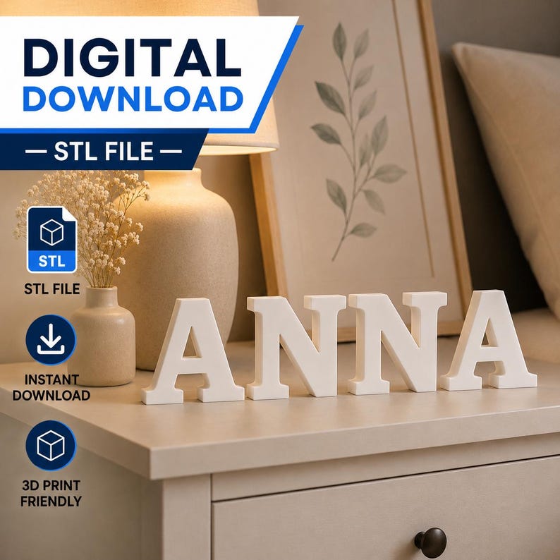 Może przedstawiać: Cyfrowy plik STL do druku 3D przedstawiający imię ANNA w białych literach blokowych. Tekst DIGITAL DOWNLOAD, STL FILE, INSTANT DOWNLOAD oraz 3D PRINT FRIENDLY jest widoczny obok ikon sześcianu i strzałki skierowanej w d&oacute;ł.
