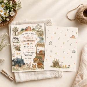 May include: A rectangular invitation card featuring a farm theme with a red barn, a blue tractor, a cow, chickens, and a produce stand, with text reading Bella's First Birthday, May 20, 2026, and a matching patterned card with small farm icons.