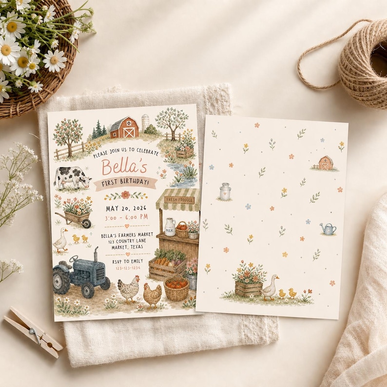 May include: A rectangular invitation card featuring a farm theme with a red barn, a blue tractor, a cow, chickens, and a produce stand, with text reading Bella's First Birthday, May 20, 2026, and a matching patterned card with small farm icons.