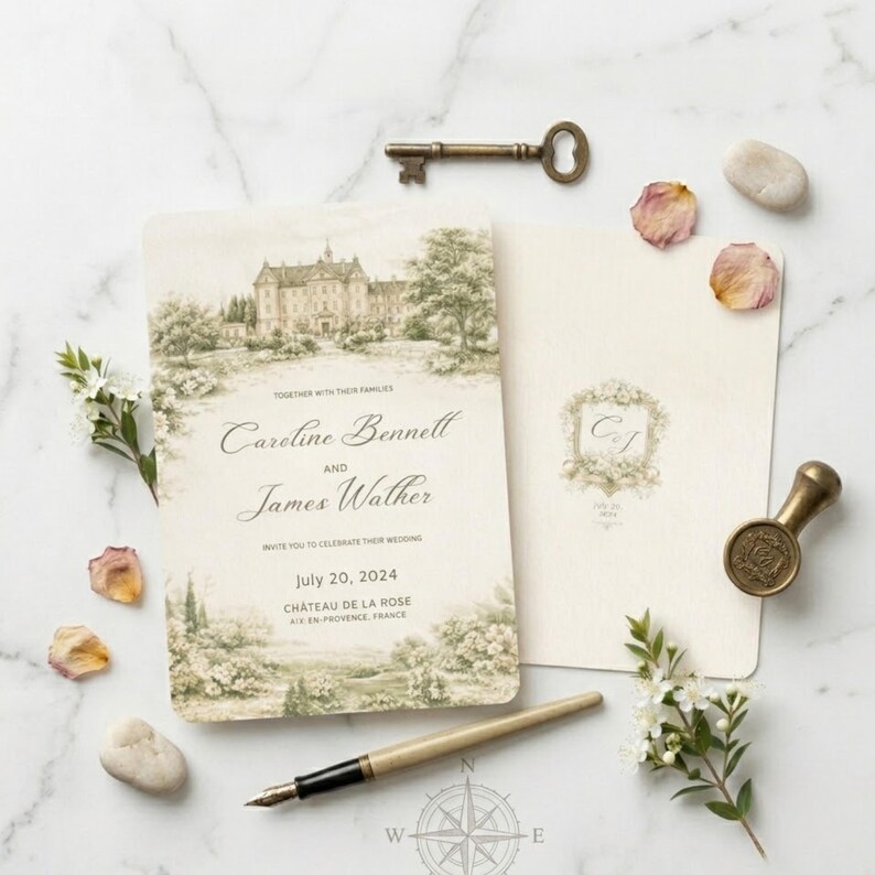Pu&ograve; includere: Suite di inviti di nozze con un design paesaggistico vintage. L'invito include i nomi "Caroline Bennett e James Walker" e la data "20 luglio 2024". Include anche una chiave, una penna, un sigillo di cera e dettagli floreali.