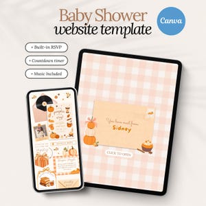 Könnte beinhalten: Eine Babyparty-Website-Vorlage für Canva, dargestellt auf einem Tablet und einem Smartphone. Die Bildschirme zeigen ein herbstliches Design mit Kürbissen, Umschlägen und Texten wie "Baby Shower website template", "Built-in RSVP" und "You have mail from Sidney".