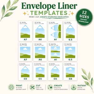 May include: A digital template for envelope liners, featuring 12 sizes. The design includes various envelope shapes with landscape illustrations. Text includes "Envelope Liner Templates" and instructions to print, cut, and create custom envelopes. The image also includes the text "Instant Download!"