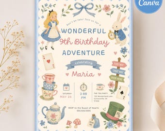 Alice in Wonderland Tea Party Birthday Invitation, Whimsical Invite, Editable Canva Template