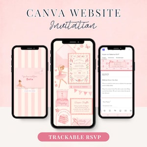 May include: Three smartphones displaying a digital invitation template with a pink ballerina theme. The screens show an envelope graphic, a detailed event invitation, and an RSVP form with text including "A little ballerina is on the way."