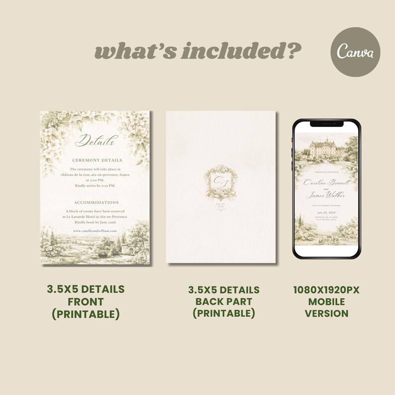 Pu&ograve; includere: Un set di inviti di nozze con un design floreale. Il set include una scheda dettagli fronte e retro di 8,9x12,7 cm e una versione mobile. Il design presenta un paesaggio panoramico e un'elegante tipografia.