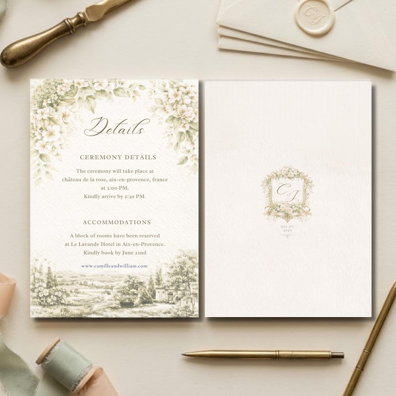 Pu&ograve; includere: Un elegante invito di nozze con dettagli floreali e botanici. L'invito presenta il testo "Details" e "Ceremony Details", con il luogo e l'ora della cerimonia. Include anche informazioni sull'alloggio e un sito web.