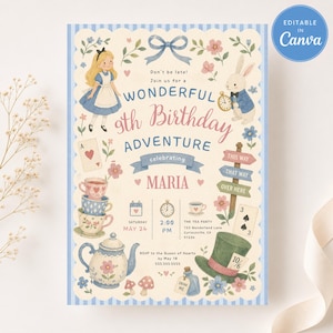 Könnte beinhalten: Einladung zum 9. Geburtstag im Alice im Wunderland-Stil. Mit Alice, dem weißen Kaninchen, Teetassen, einer Teekanne und Wegweisern. Die Einladung ist hellblau mit einem gewellten Rand und dem Text "Wonderful 9th Birthday Adventure celebrating Maria".