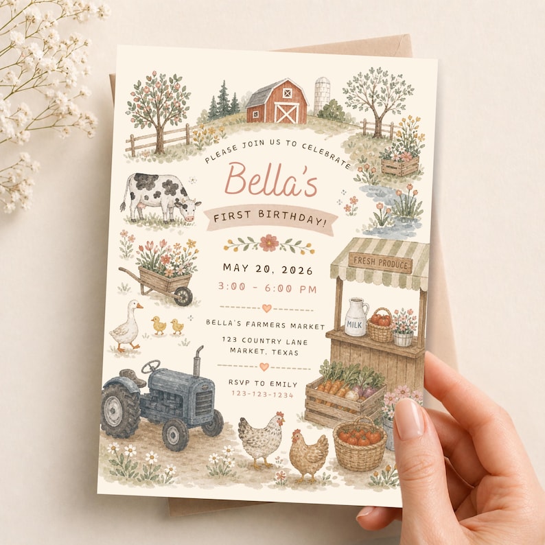 May include: A cream-colored invitation card featuring watercolor illustrations of a farm scene, including a red barn, a cow, a blue tractor, chickens, and a produce stand. The text reads: Please join us to celebrate Bella's first birthday, May 20, 2026, 3:00-6:00 PM, Bella's Farmers Market, 123 Country Lane, Market, Texas, RSVP to Emily 123-123-1234.