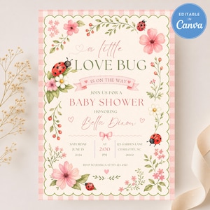 Könnte beinhalten: Eine Babyparty-Einladungskarte mit gewelltem Rand, rosa Vichy-Karo-Bordüre und Aquarellillustrationen von Marienkäfern, rosa Blumen und grünem Blattwerk. Der Text lautet: A little love bug is on the way, join us for a baby shower honoring Bella Dixon.