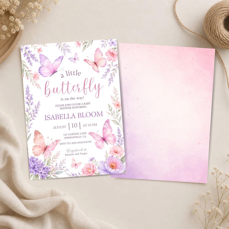 May include: A baby shower invitation card featuring watercolor butterflies and floral illustrations in shades of pink and purple. The text reads: a little butterfly is on the way! Please join us for a baby shower honoring Isabella Bloom August 10.