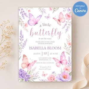 May include: A baby shower invitation card featuring watercolor illustrations of pink and purple butterflies and floral arrangements. The text reads: a little butterfly is on the way! Please join us for a baby shower honoring Isabella Bloom.
