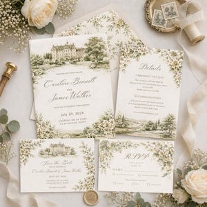 Pu&ograve; includere: Elegante set di partecipazioni di nozze con illustrazione di castello, decorazioni floreali e i nomi di Caroline Bennett e James Walker. Include inviti, dettagli, RSVP e biglietti di save-the-date. La data &egrave; il 20 luglio 2024.