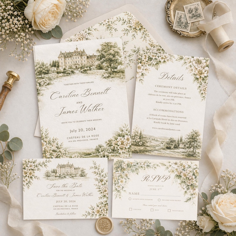 Pu&ograve; includere: Elegante set di partecipazioni di nozze con illustrazione di castello, decorazioni floreali e i nomi di Caroline Bennett e James Walker. Include inviti, dettagli, RSVP e biglietti di save-the-date. La data &egrave; il 20 luglio 2024.