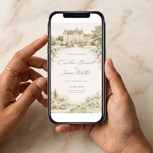Pu&ograve; includere: Uno smartphone mostra un invito di nozze con un'illustrazione vintage di un castello. Il testo dell'invito recita "Caroline Bennett and James Walker" con la data 20 luglio 2024. Il design presenta un paesaggio con alberi ed elementi floreali.