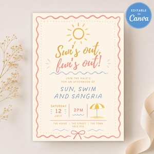 Sun Swim and Sangria Invite | Summer Pool Party Invitation Template |  Adult Beach Party, Whimsical Backyard Bash Printable | Editable Canva