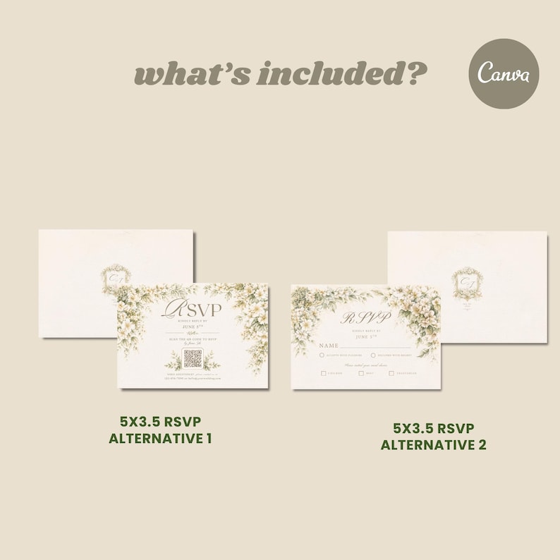 Pu&ograve; includere: Biglietti RSVP color crema con decorazioni floreali e buste abbinate. Le carte sono etichettate "RSVP" e "5x3.5 RSVP Alternative 1" e "5x3.5 RSVP Alternative 2". Il testo "what's included?" &egrave; in alto.