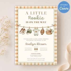 Football Baby Shower Invitation Template | Little Rookie Is On The Way Invite, Sports Gingham, Canva Printable and Digital Instant Download