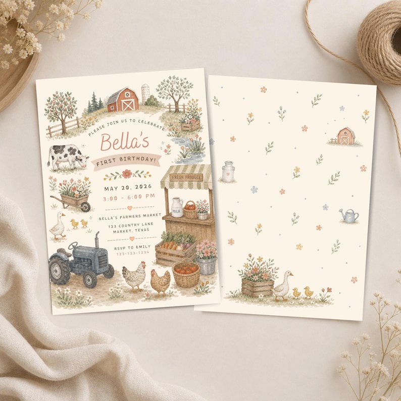May include: A two-sided birthday invitation card featuring watercolor farm illustrations. The front displays a barn, tractor, cow, chickens, and a produce stand with text: Please join us to celebrate Bella's first birthday, May 20, 2026, 3:00-6:00 PM.