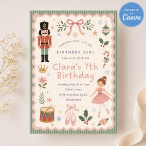 Nutcracker Ballet Birthday Invitation Template | Printable Sugarplum Fairy Ballerina Invite | Winter Wonderland Christmas | Editable Canva