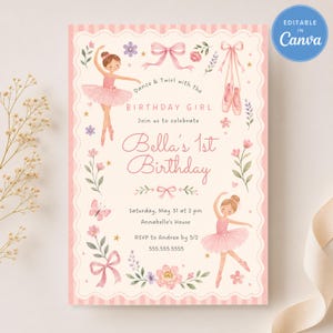 May include: A rectangular birthday invitation card featuring two watercolour illustrations of ballerinas in pink tutus, ballet slippers, floral accents, and pink bows. The text reads: Dance & Twirl with the BIRTHDAY GIRL Bella's 1st Birthday, Saturday, May 31 at 2 pm, Annabelle's House, RSVP to Andrea by 5/2, 555.555.5555.