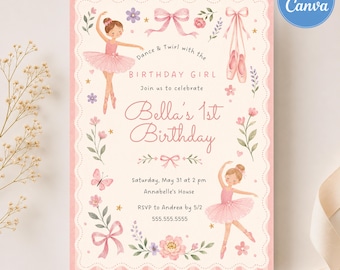 Whimsical Ballet Birthday Invitation Template, Pink Ballerina Invite, Mobile Evite, Digital Ballet Party, Canva Editable