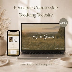 Könnte beinhalten: Ein Laptop und ein Smartphone zeigen ein Hochzeitswebsite-Design. Der Laptop-Bildschirm zeigt ein Landschaftsbild mit dem Text "The Wedding of Lily & James". Das Smartphone zeigt eine andere Seite der Website. Der Text "Romantic Countryside Wedding Website" steht oben.