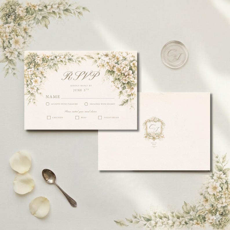 Pu&ograve; includere: Biglietto RSVP color crema con decorazioni floreali e la scritta "RSVP". Include una busta abbinata e un sigillo di cera. Il biglietto presenta caselle di controllo per le scelte dei pasti e uno spazio per il nome dell'ospite.