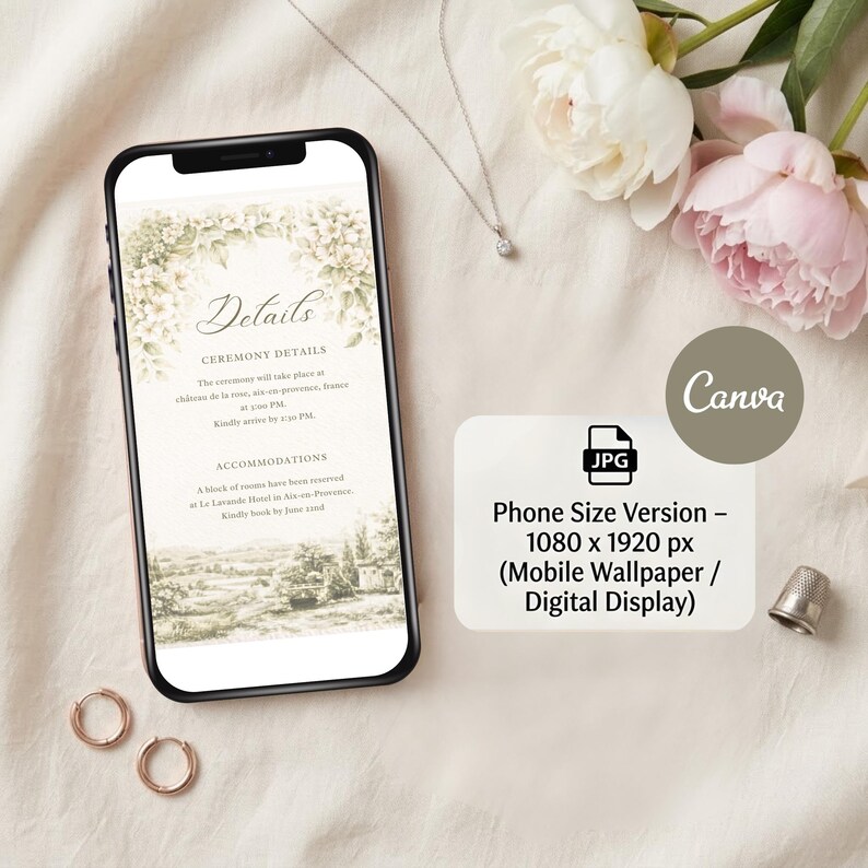 Pu&ograve; includere: Uno smartphone mostra i dettagli del matrimonio con decorazioni floreali. Lo schermo mostra informazioni sulla cerimonia e sull'alloggio. Il telefono &egrave; circondato da fiori, gioielli e un ditale. Sono visibili anche un logo Canva e il testo sulle dimensioni del telefono.
