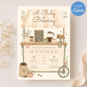 Editable Baby is Brewing Baby Shower Invitation, Coffee Baby Party Invite, Coffee Shop Party, Canva Editable