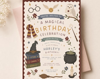Wizards Witches Birthday Invitation, Personalized Magic School Party, Castle Wizardry Digital Download, Editable Canva Template