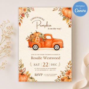Könnte beinhalten: Eine Babyparty-Einladungskarte mit einem orangefarbenen Aquarell-LKW, der Kürbisse und Blumen transportiert. Der Text lautet A SWEET LITTLE PUMPKIN is on the way!, Rosalie Westwood, SAT 22 DEC, AT TEN O'CLOCK IN THE MORNING, AT 123 ANYWHERE ST., ANY CITY, RSVP, THE 18TH NOVEMBER, TO ISABEL MERCADO.