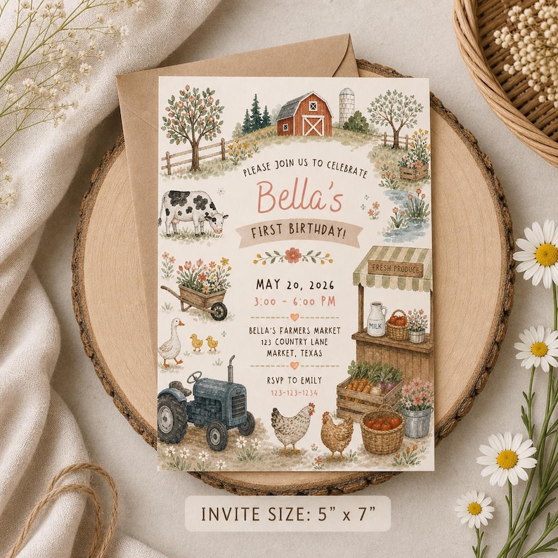 May include: A 5 inch by 7 inch birthday invitation card featuring watercolor farm illustrations including a red barn, a cow, a blue tractor, chickens, and a produce stand. The text reads: Please join us to celebrate Bella's first birthday, May 20, 2026.