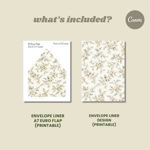 Pu&ograve; includere: Due modelli di fodere per buste stampabili. Uno &egrave; un A7 Euro Flap, adatto a biglietti da 12,7 x 17,8 cm, e l'altro &egrave; un design abbinato. Entrambi presentano un motivo floreale con toni crema, verdi e gialli. Il testo recita "what's included?" e "Canva".